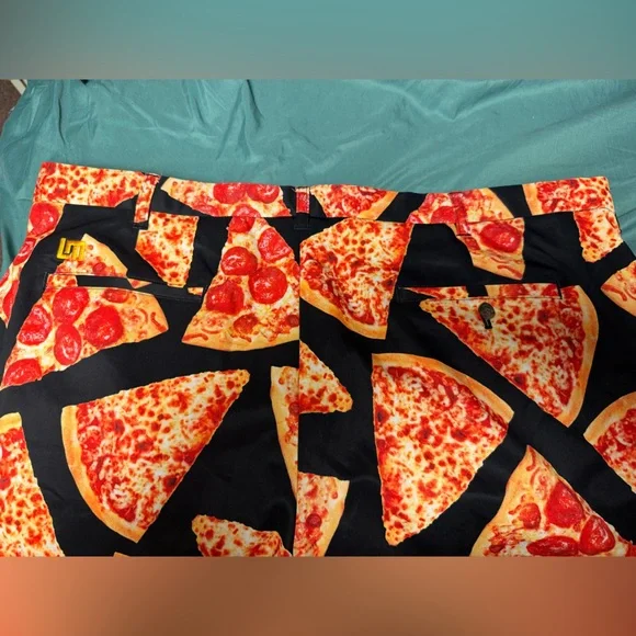 Loudmouth Mens Chino Golf Shorts 44 Black Orange Pizza Print Flat Front Pockets - Picture 2 of 4